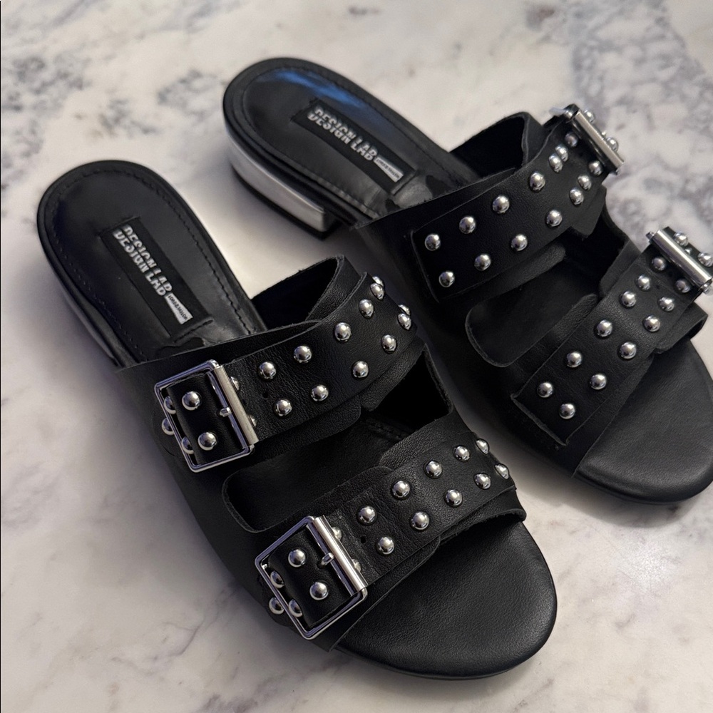 Design Lab Black Studded Double-Buckle Slide Mules